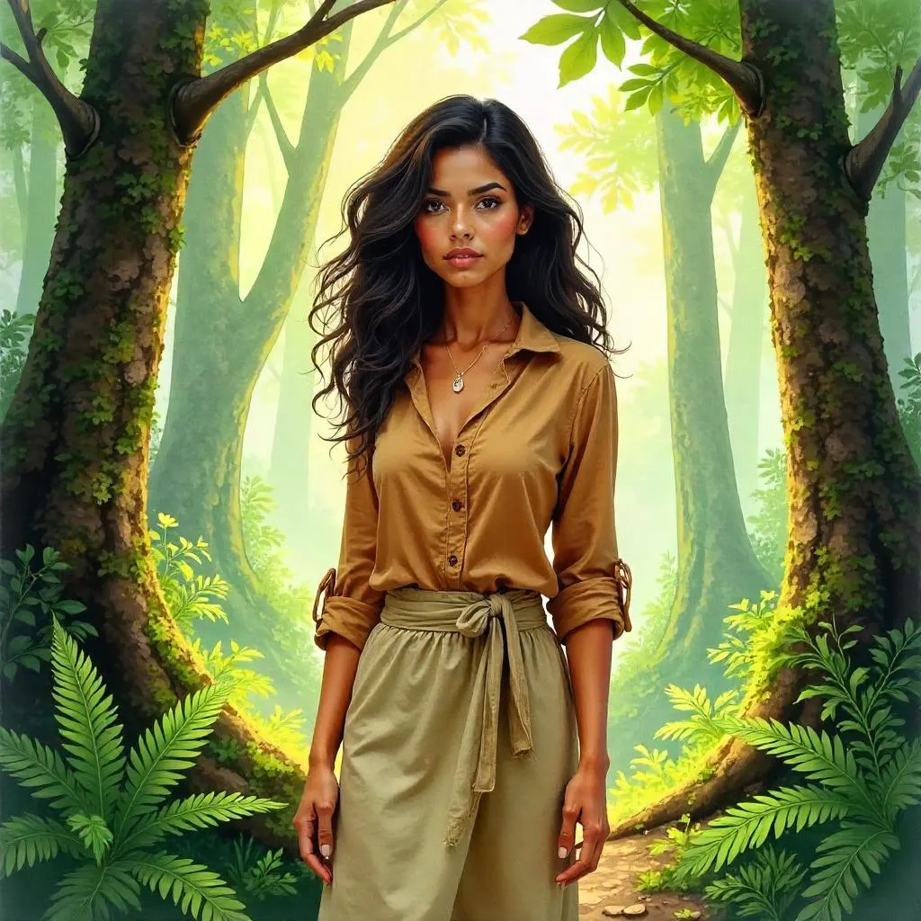 Confident Latina in a Forest — Watercolor Portrait