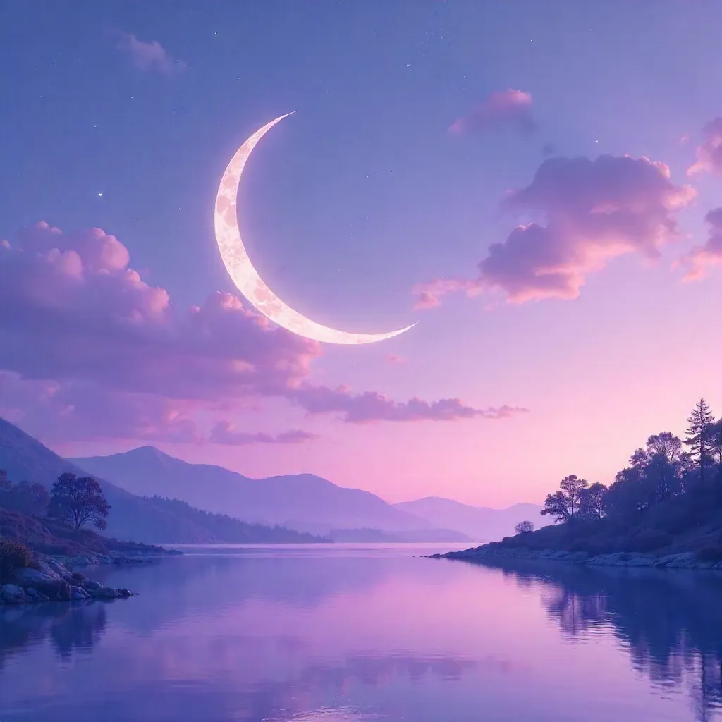 Moonlit Serenity: Thin Crescent in Purple Twilight