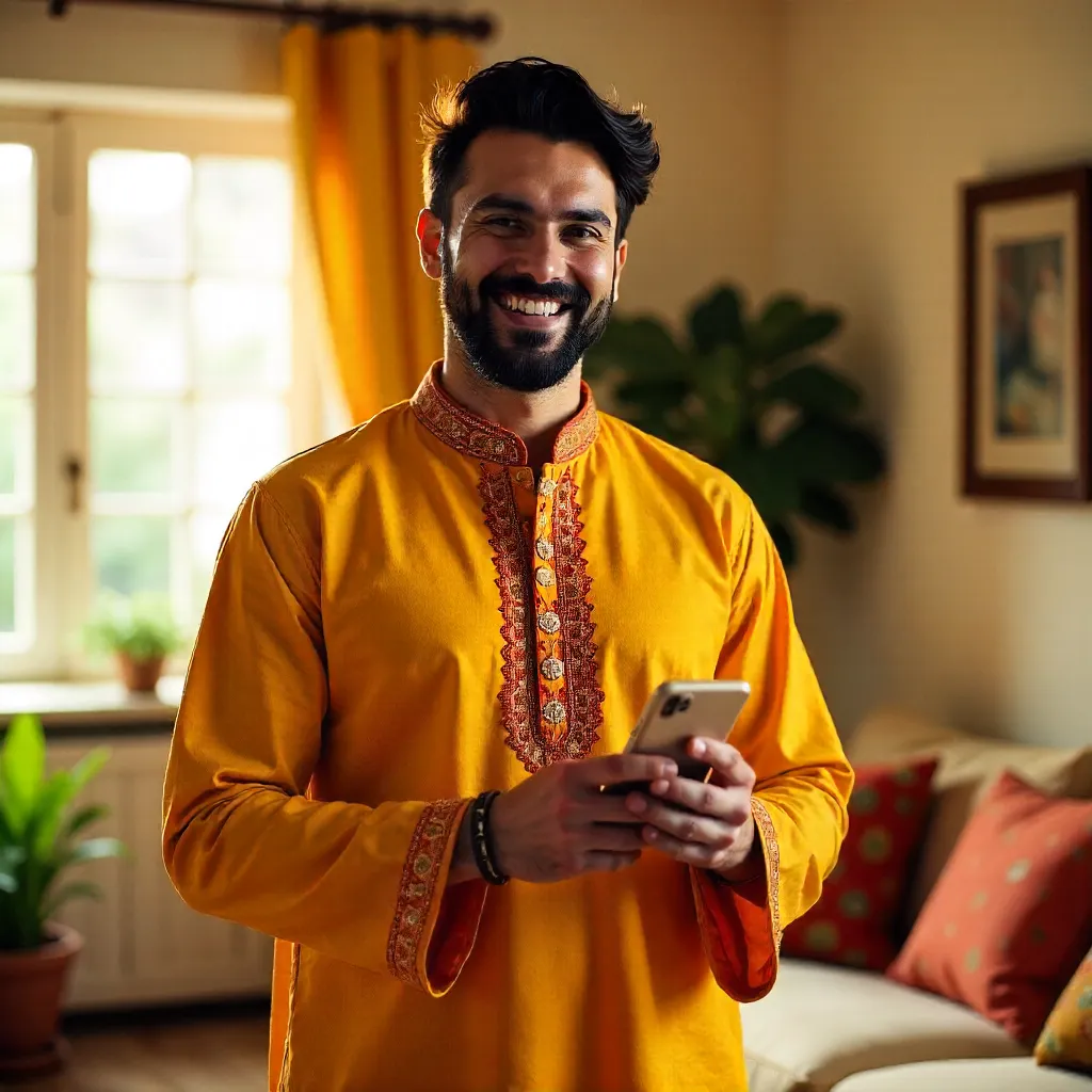 Cheerful Man in Traditional Attire with Smartphone Indoors