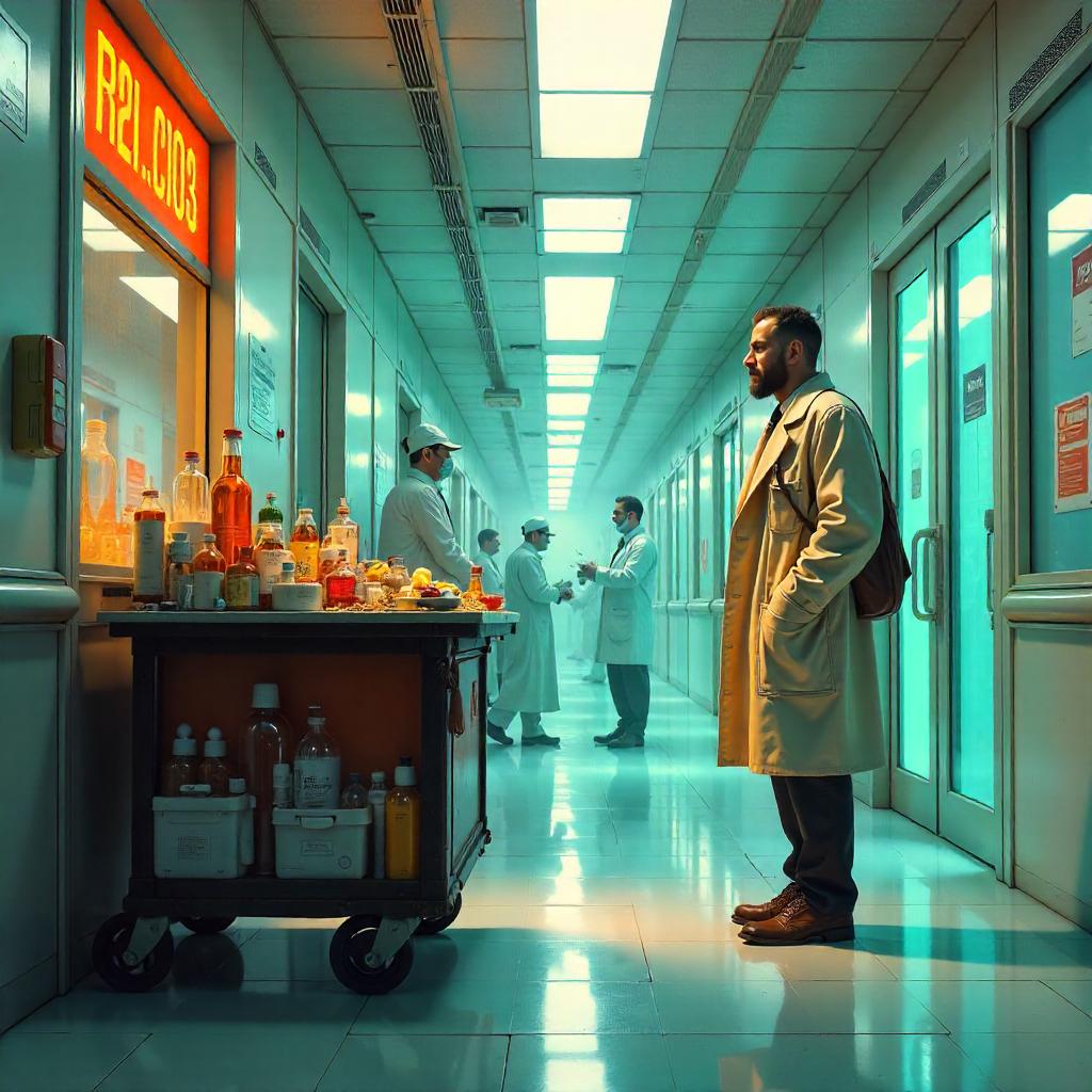 Merchant Concept Art in a Neon Hospital