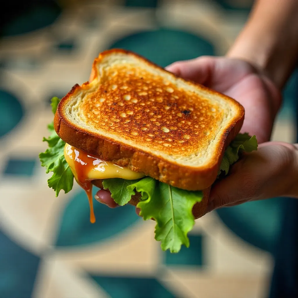 Close-Up Grilled Sandwich on a Patterned Floor