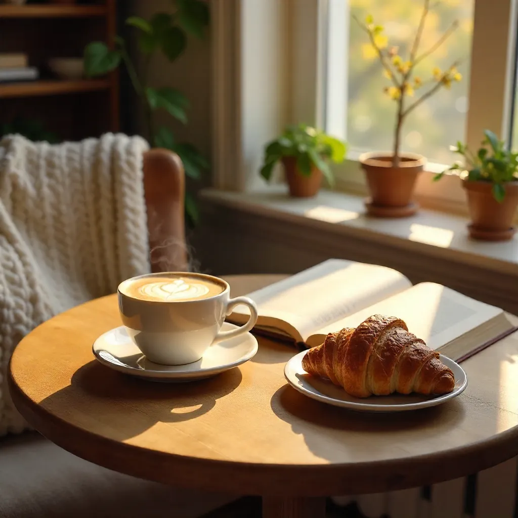 Cozy Café Table: Cappuccino, Croissant, and a Book