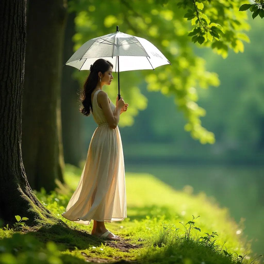 Woman with White Umbrella in a Lush Green Forest