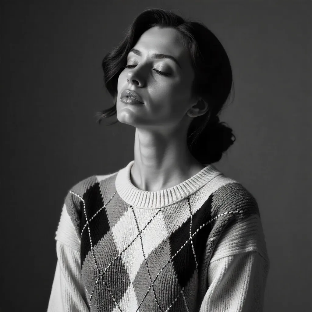 Serene Noir: Woman in Argyle Sweater