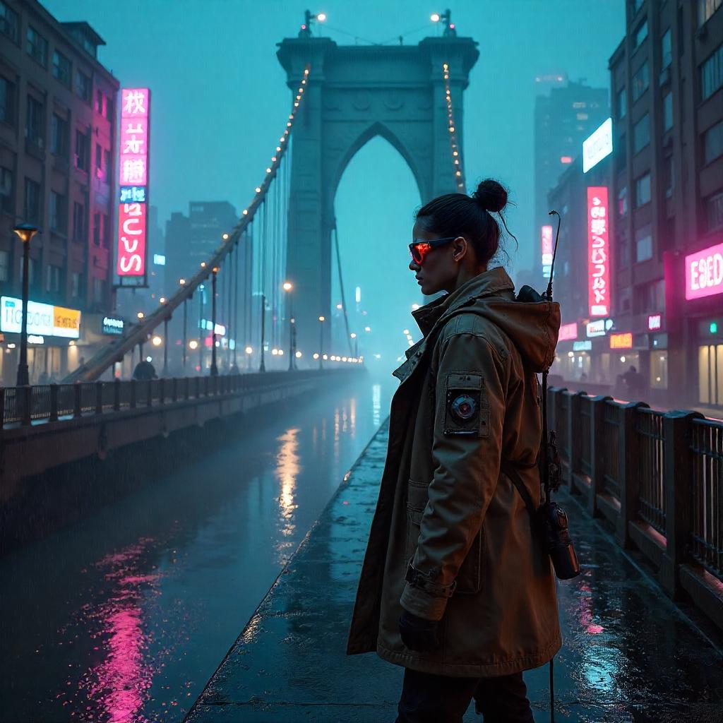 Cyberpunk Explorer on a Lifting Drawbridge