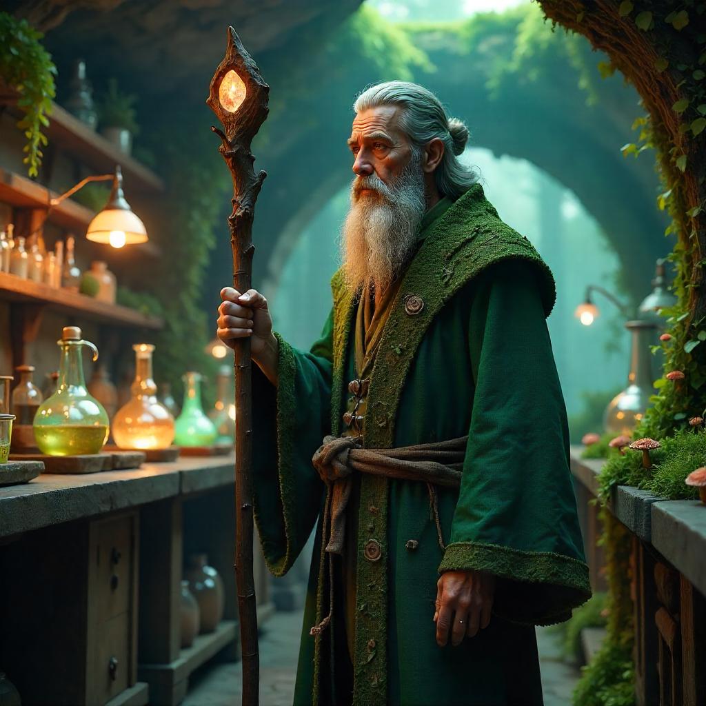 Bioluminescent Druid in a Hybrid Laboratory (3D Render)