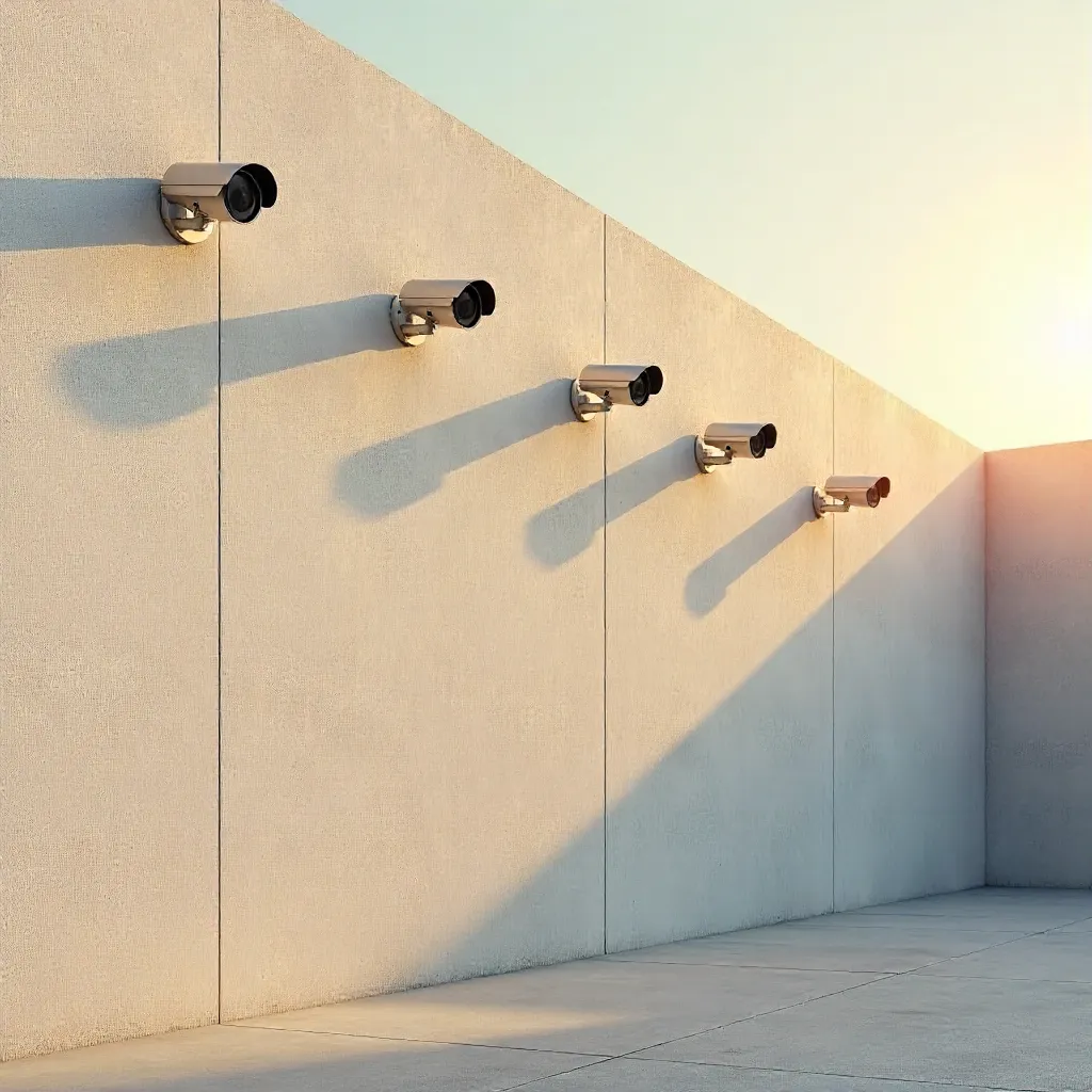 Minimalist Wall of Cameras Casting Long Shadows