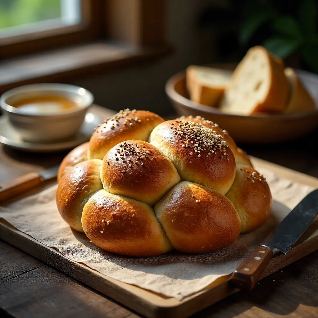 Golden Challah on Rustic Wooden Table