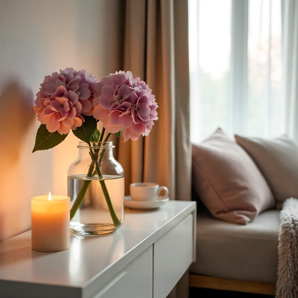 Cozy Modern Indoor Scene with Pink Hydrangeas