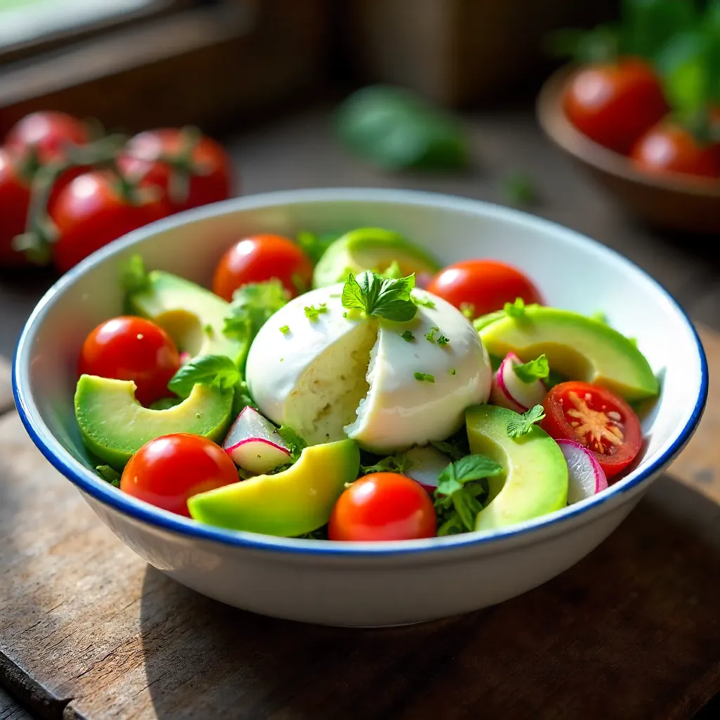 Fresh Burrata Salad in a Ceramic Bowl