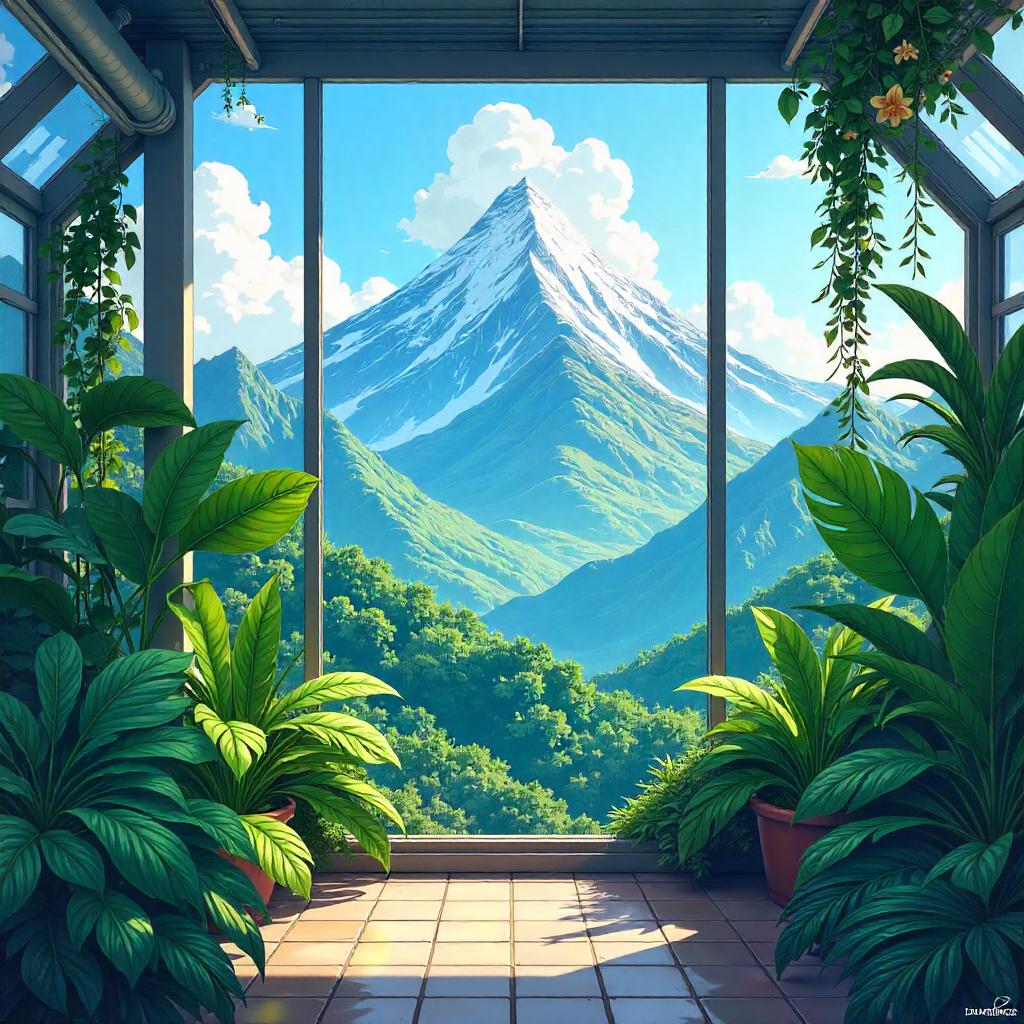 Anime Mountain in a Lush Greenhouse
