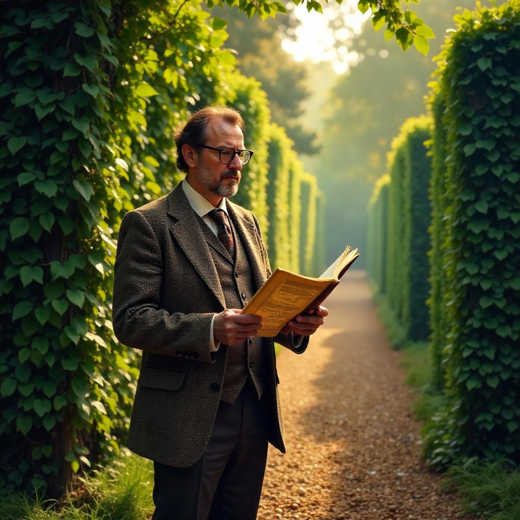 Photorealistic Scholar Navigating a Hedge Maze at Dawn