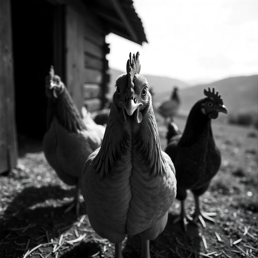 Monochrome Close-Up of Ecuadorian Farm Chickens