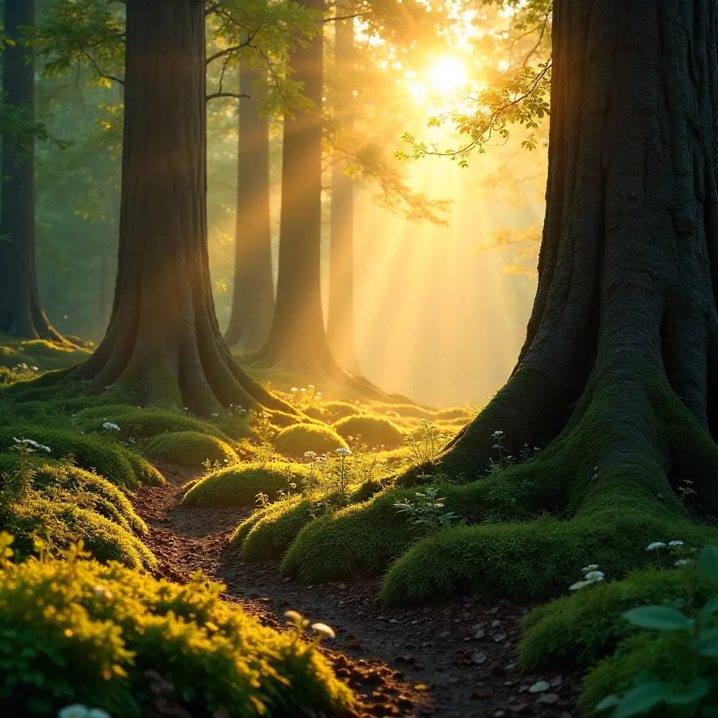 Golden Light Through a Serene Forest