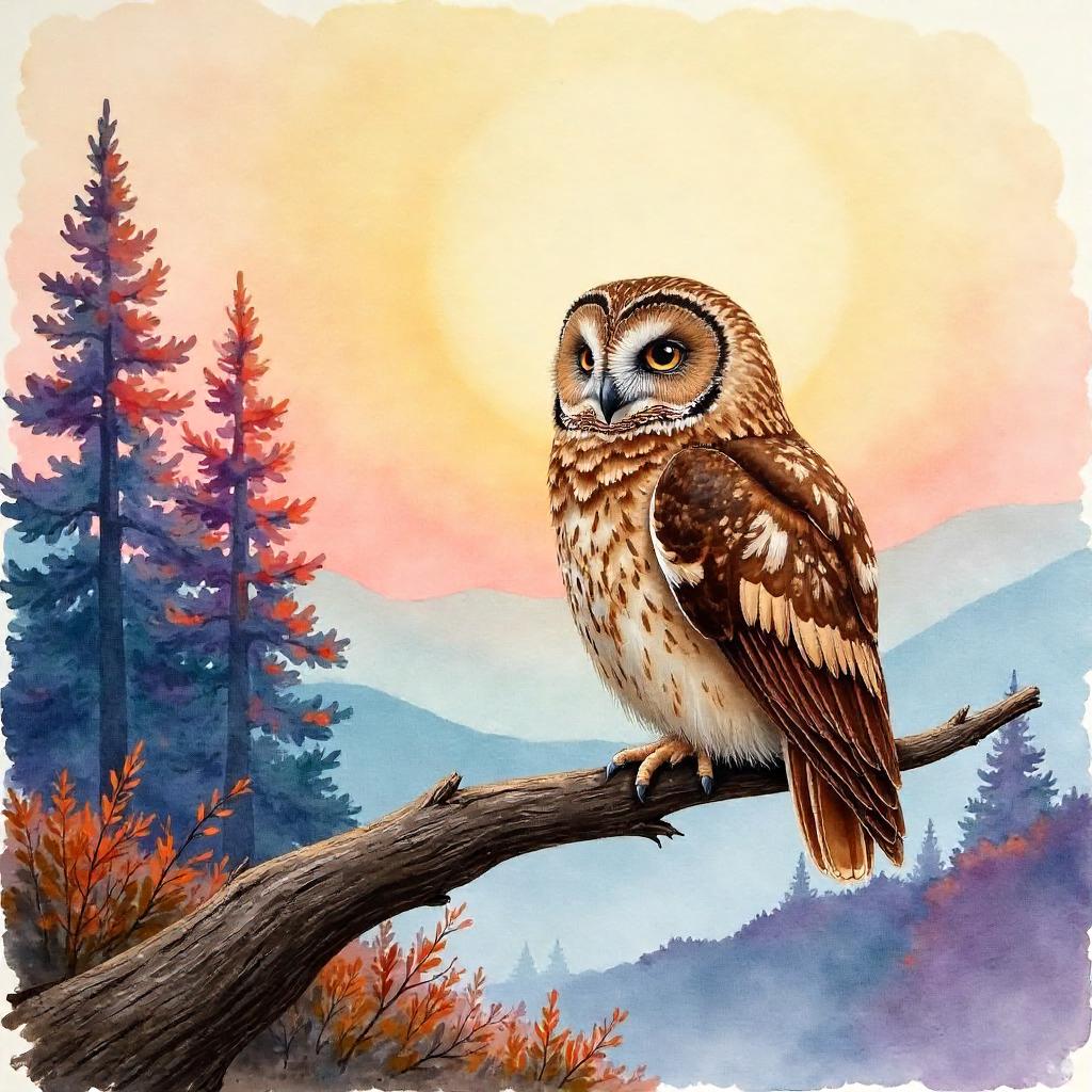 Owl at Sunrise in Watercolor Light