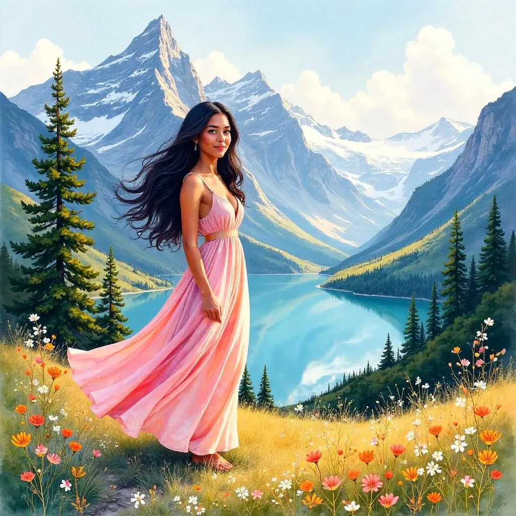 Latina Woman in Mountain Watercolor Dawn