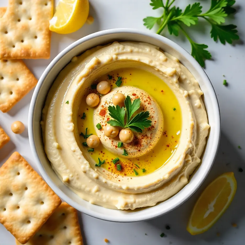 Flat Lay: Creamy Hummus with Crackers and Herbs