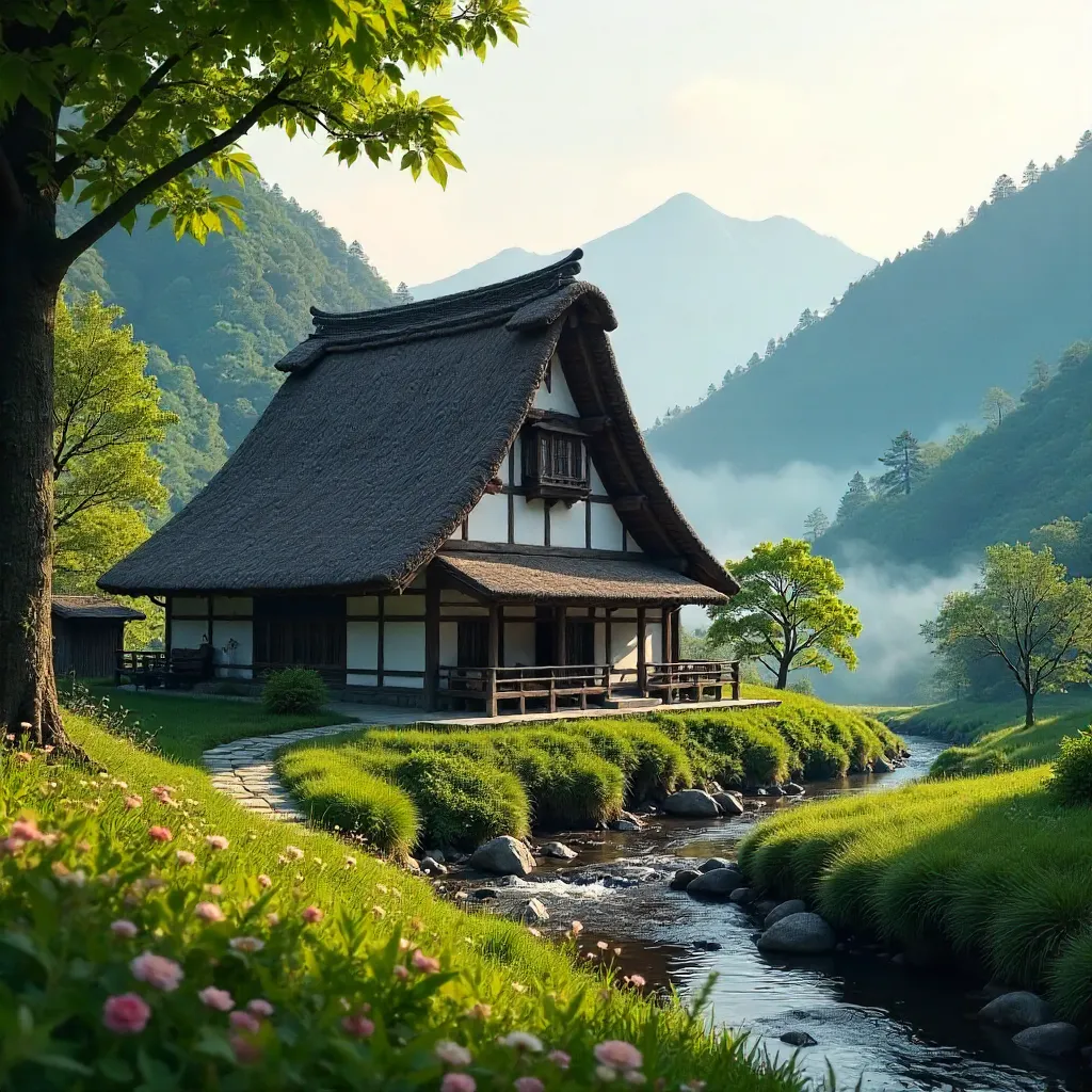 Gassho-Zukuri House in Shirakawa-go Amid Verdant Greens