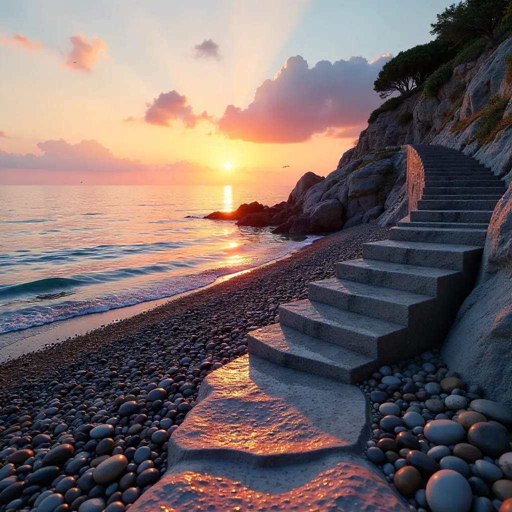 Serene Pebbled Beach with Descending Staircase at Sunset