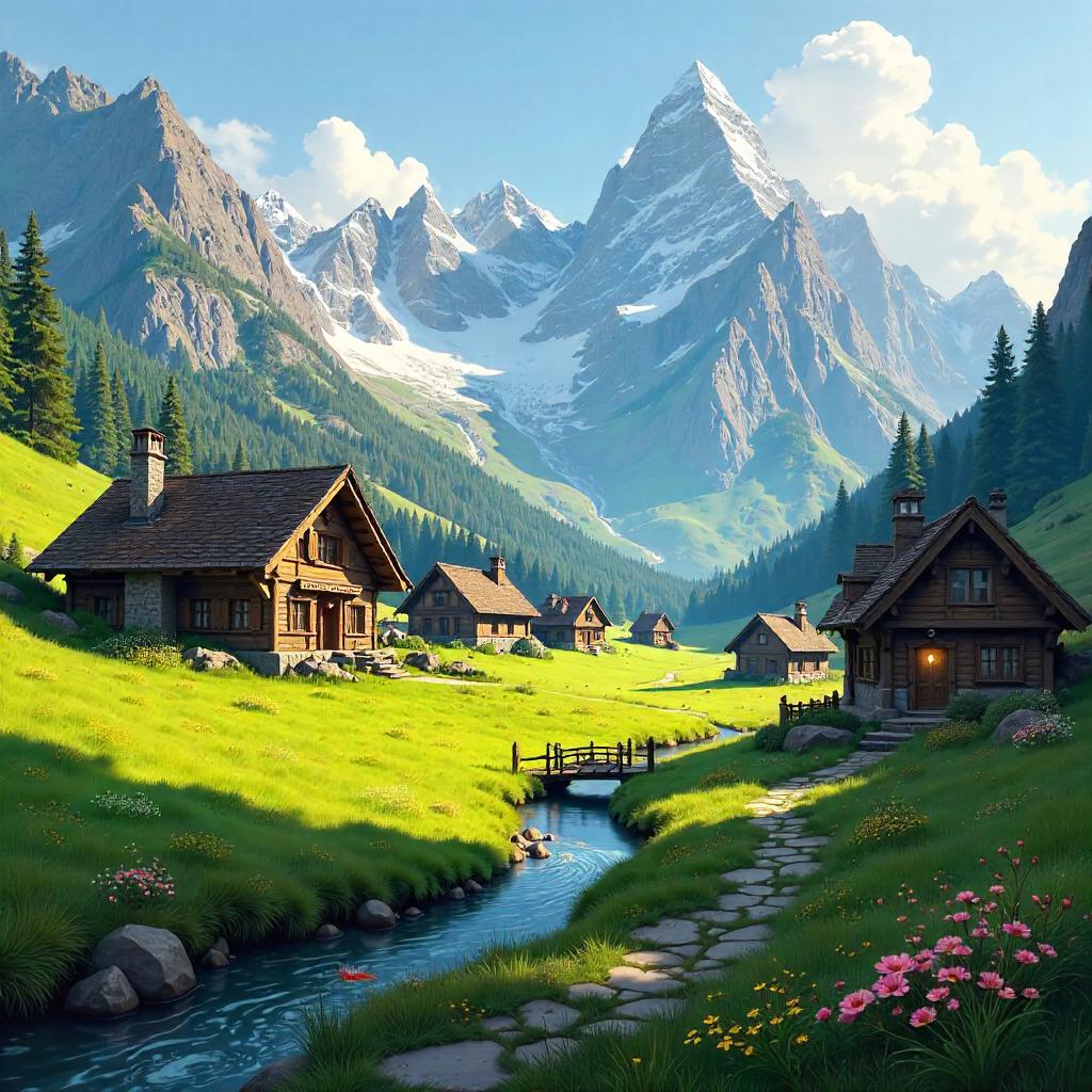 Concept Art of a Village in an Alpine Meadow