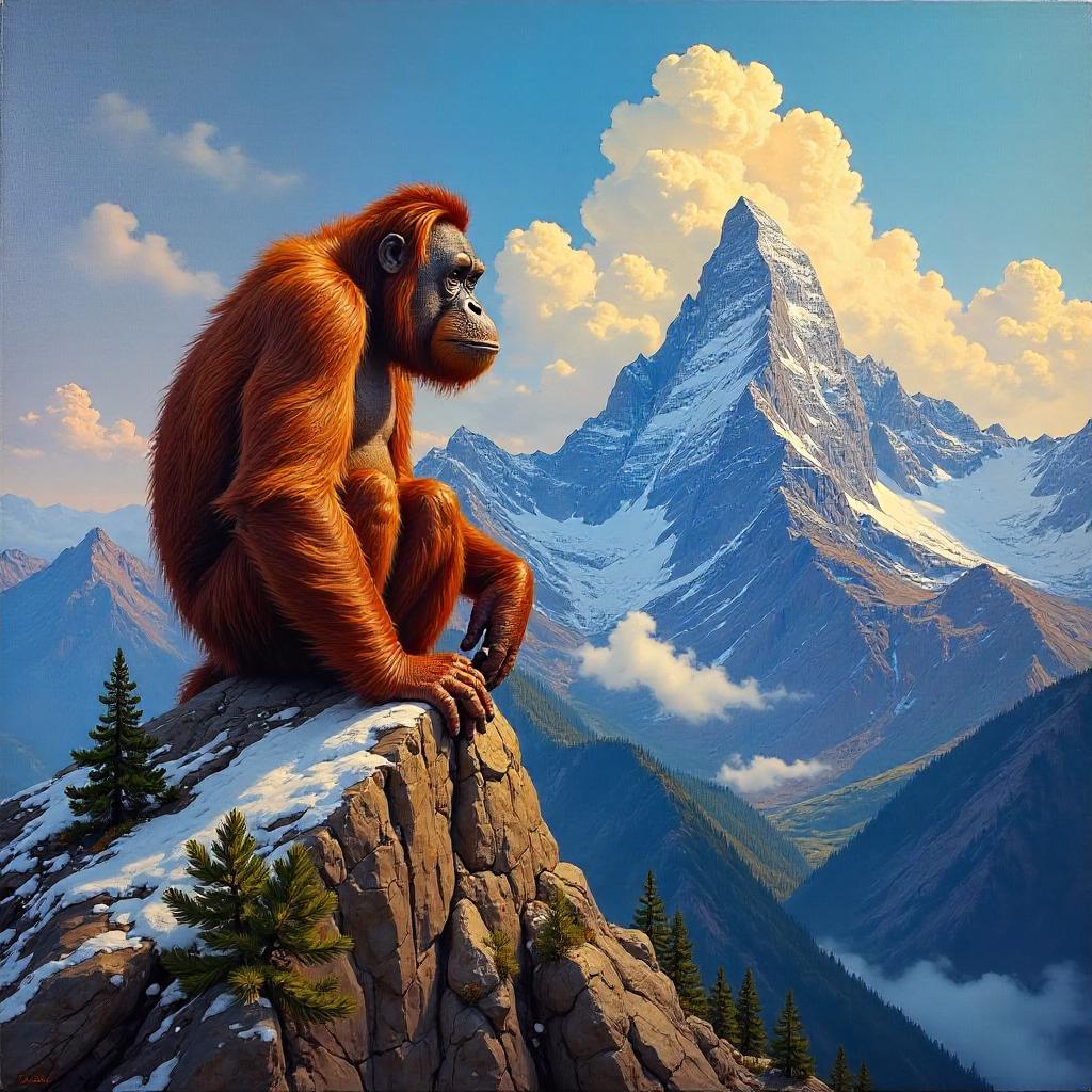 Orangutan on a Mountain Peak in Oil