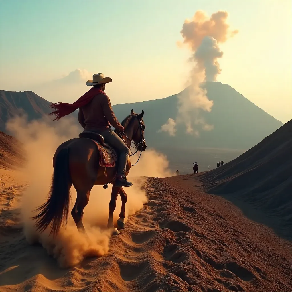 Rider on Horseback at Mount Bromo's Sandy Base