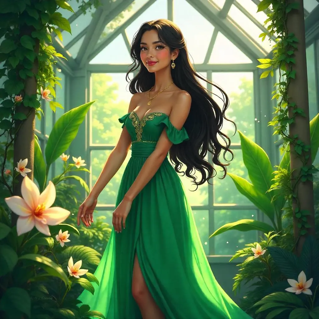 Elegant Latina Woman in an Anime Greenhouse