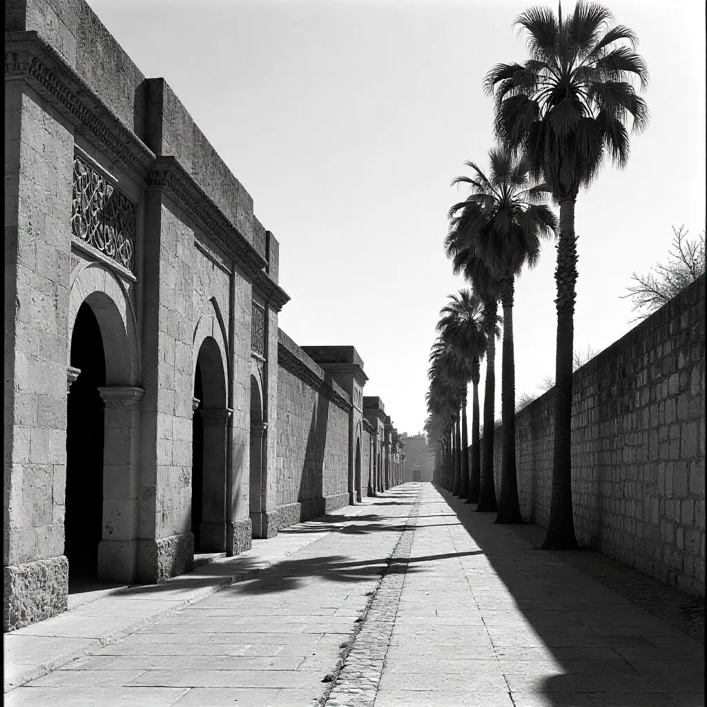 Monochrome El Jadida: Palms and Historic Architecture