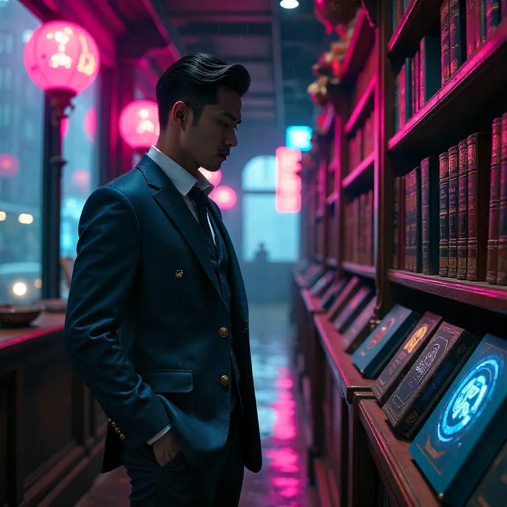 Elegant Asian Man in a Neon Cyberpunk Bookstore