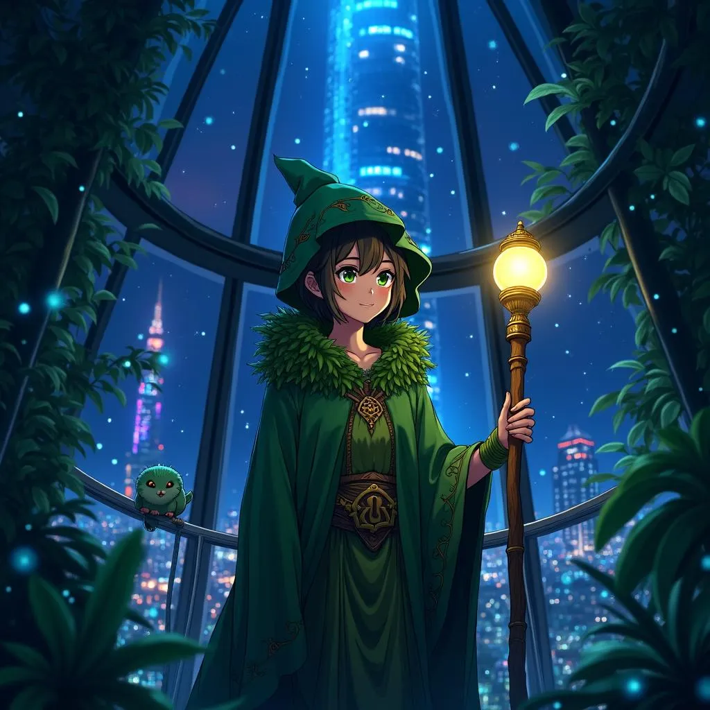 Druid in a Neon Skyscraper - Anime Style
