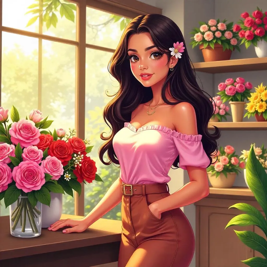 Stylish Latina in a Sunny Anime Flower Shop