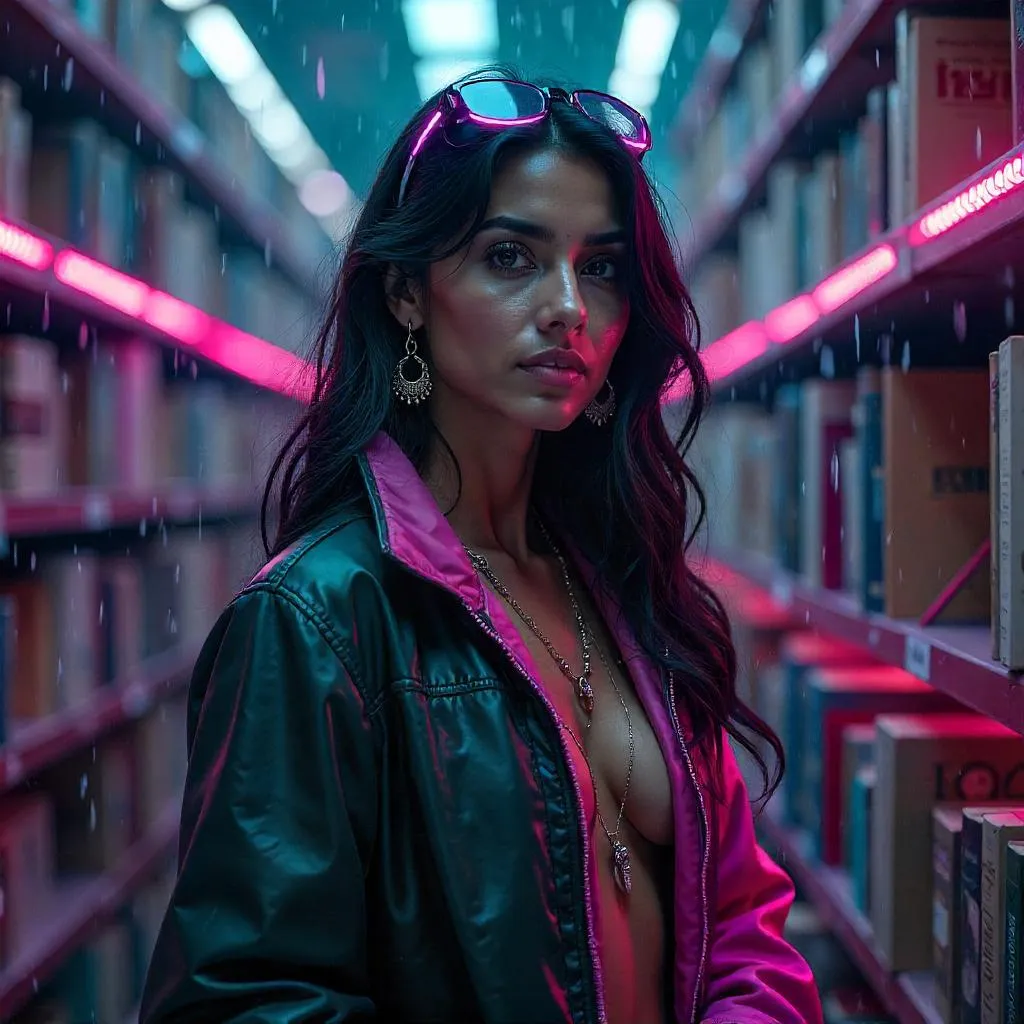 Neon Librarian in a Cyberpunk Indian Library
