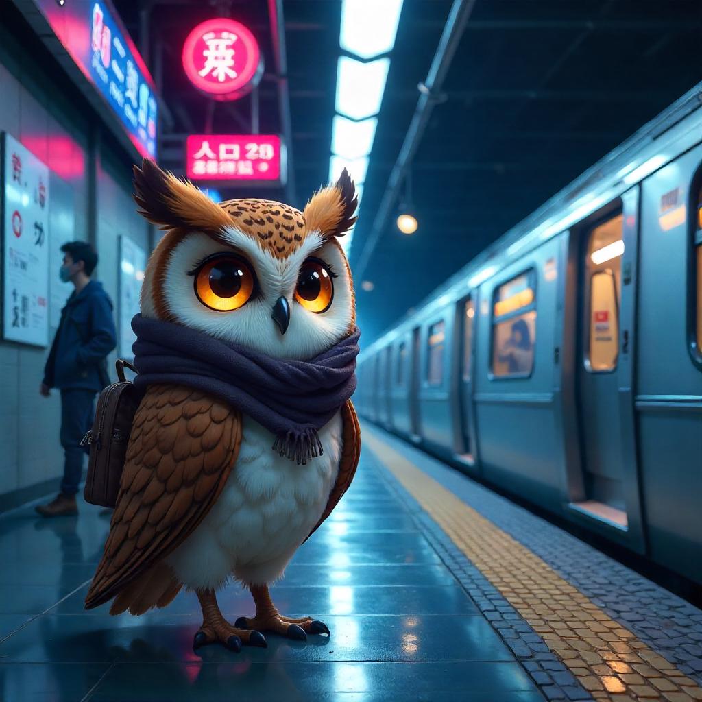 Anime Owl in a Neon Subway Station