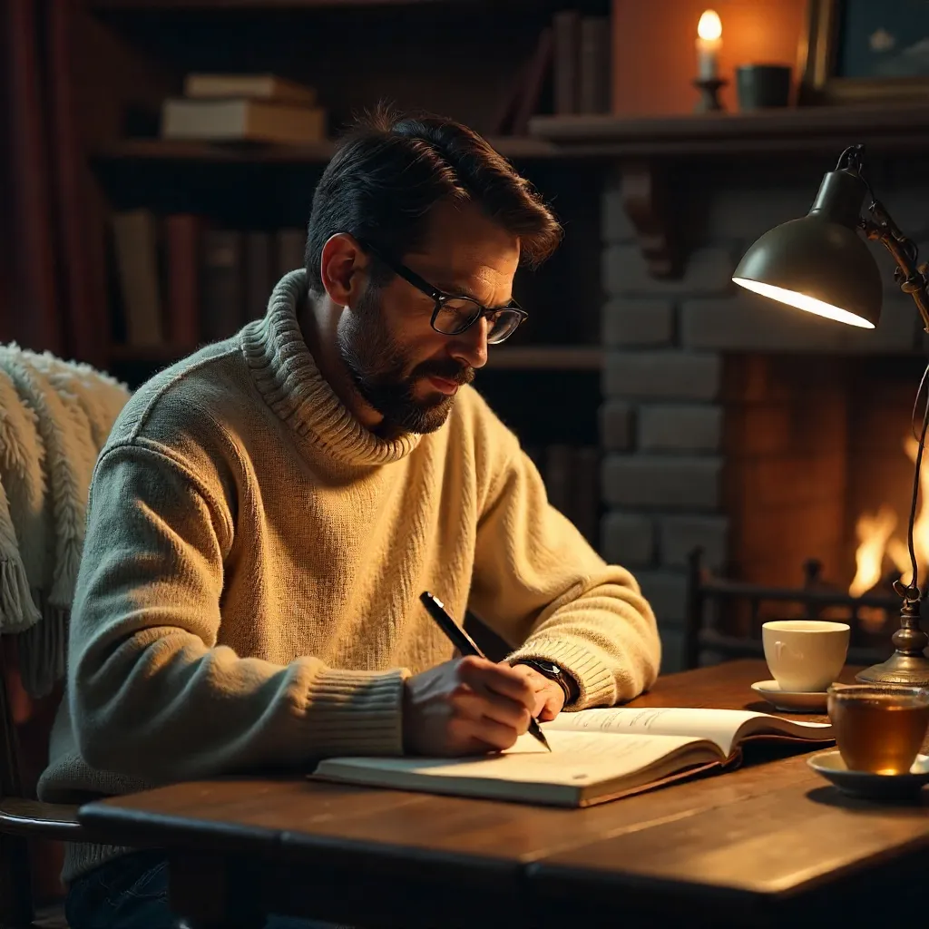 Thoughtful Man Writing in a Cozy Indoor Study