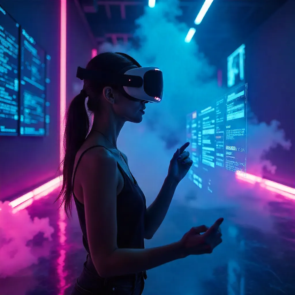 Neon VR Explorer in a Dark Studio