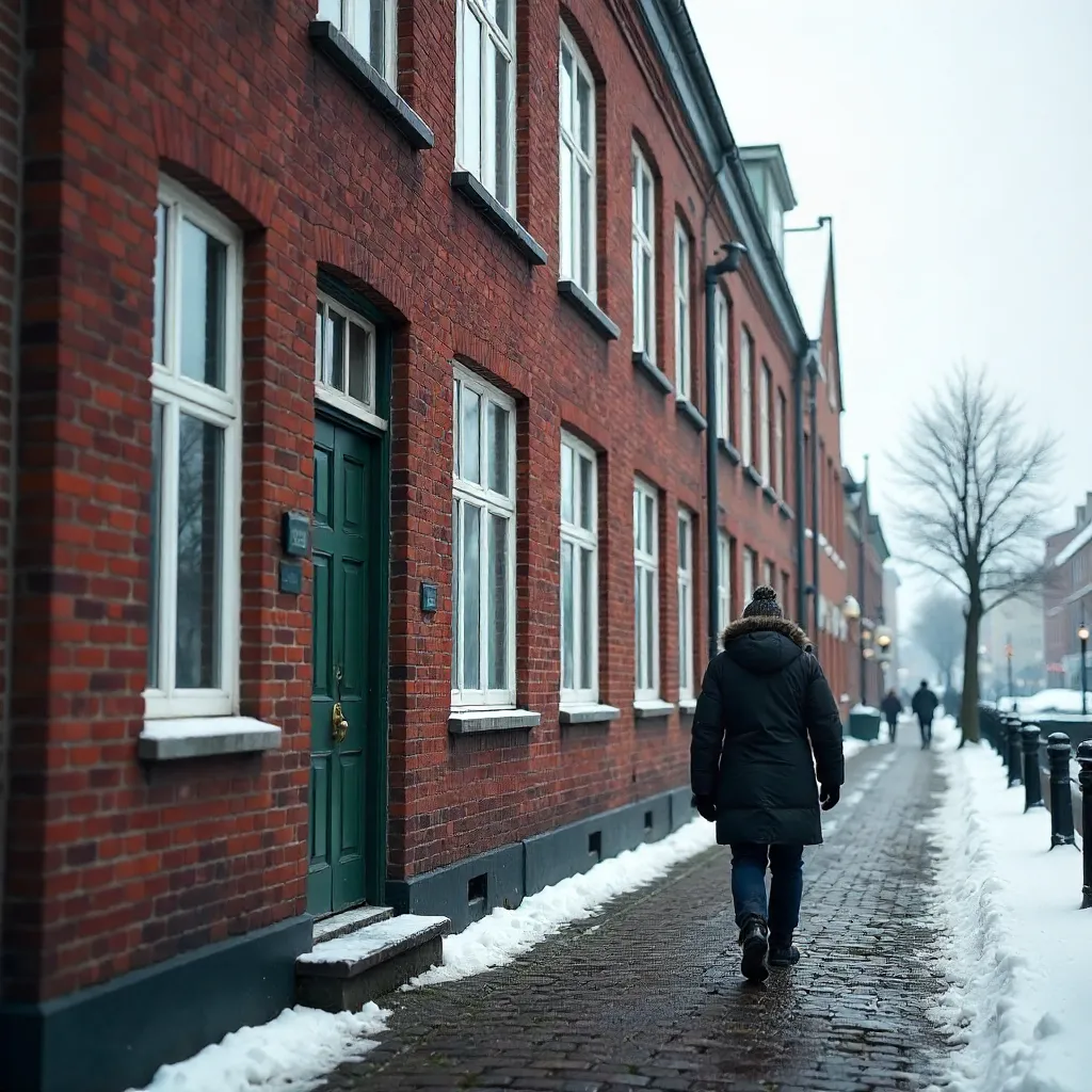 Red Facade in Copenhagen: Lone Pedestrian in Winter
