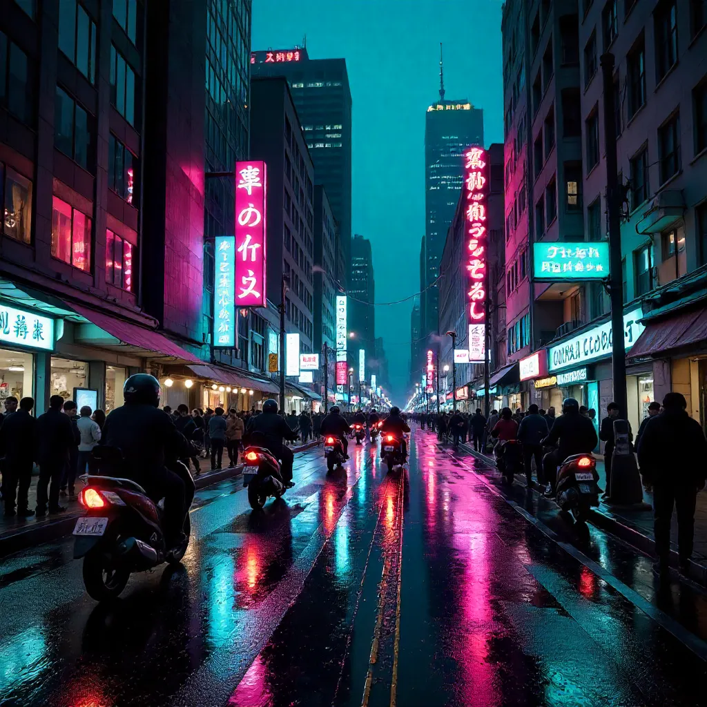 Neon Dusk on a Bustling City Street