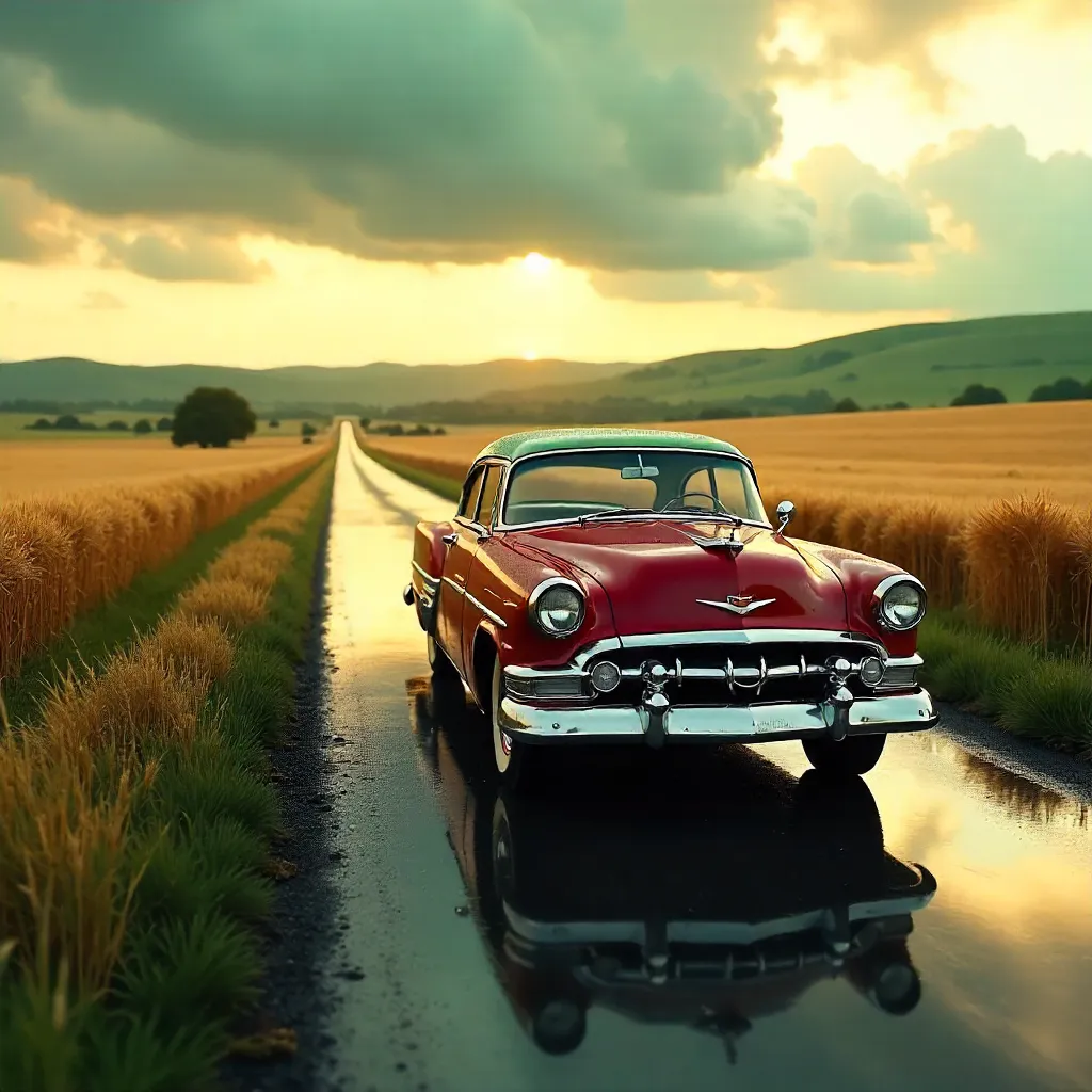 Classic Vintage Car on a Wet Country Road Among Golden Fields