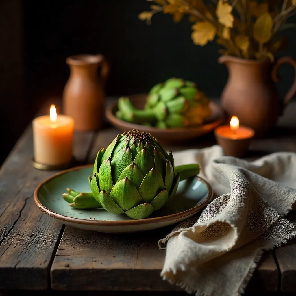 Rustic Table with Artichokes and Candlelight