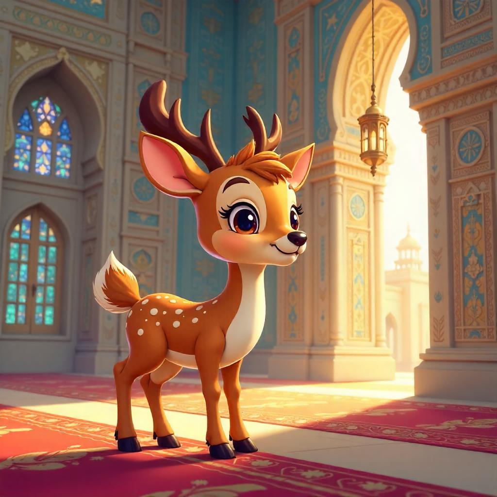 Playful Cartoon Deer in a Mosque Interior