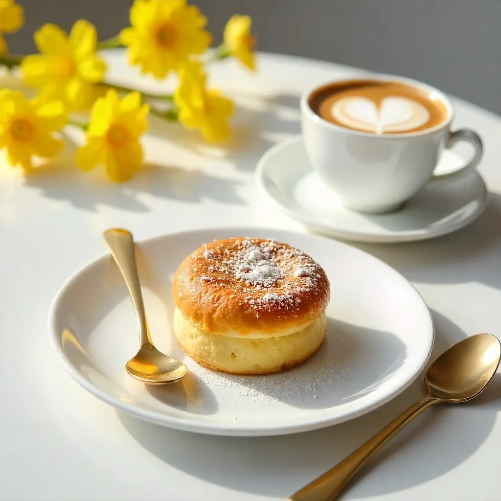 Elegant White Still-Life: Pastry with Gold Spoon and Mimosa