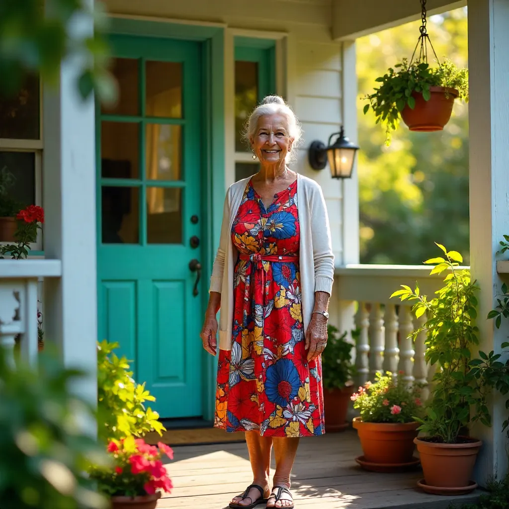 Vibrant Elderly Woman at Her Doorway