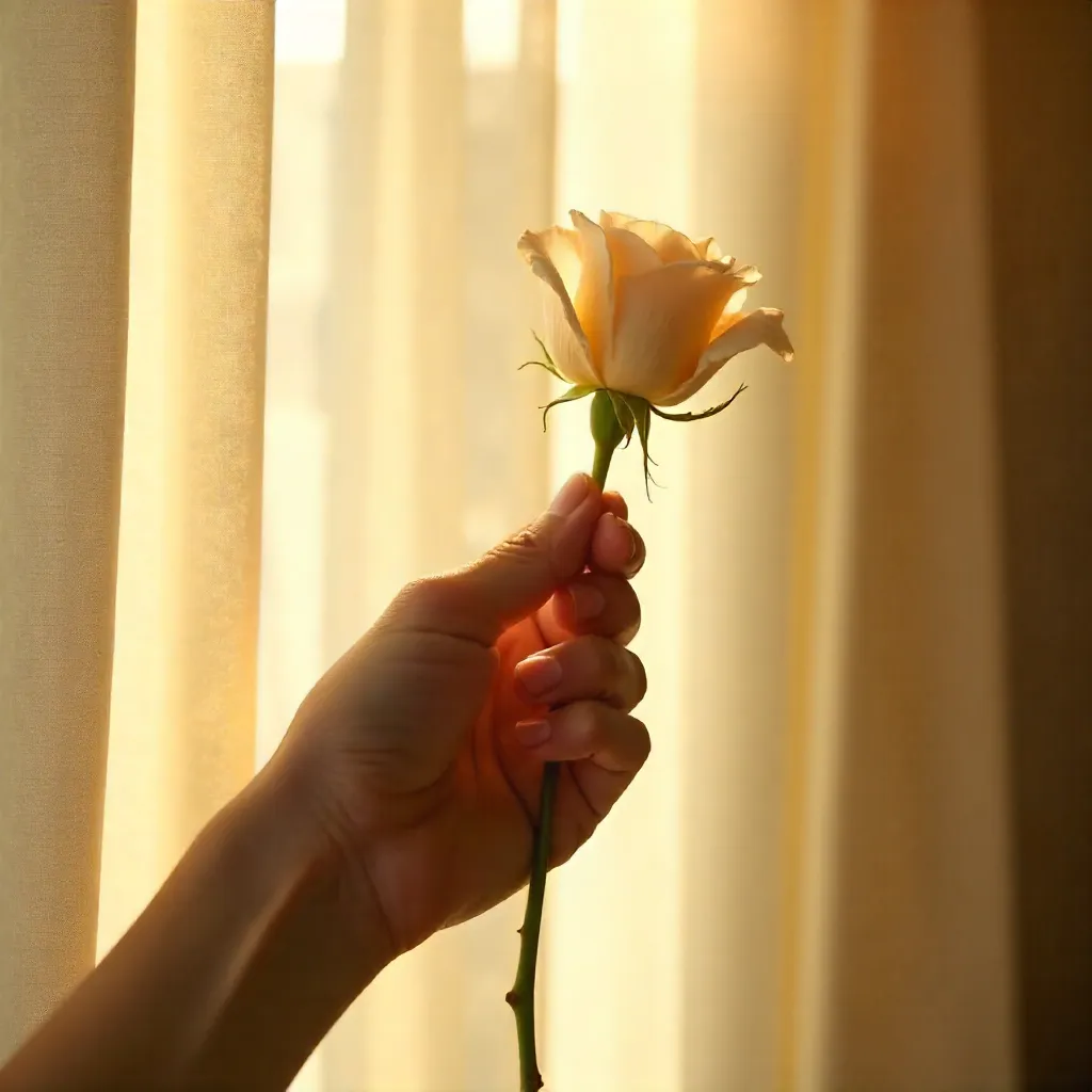 Sunlit Hand Reaching Toward Curtains and Rose