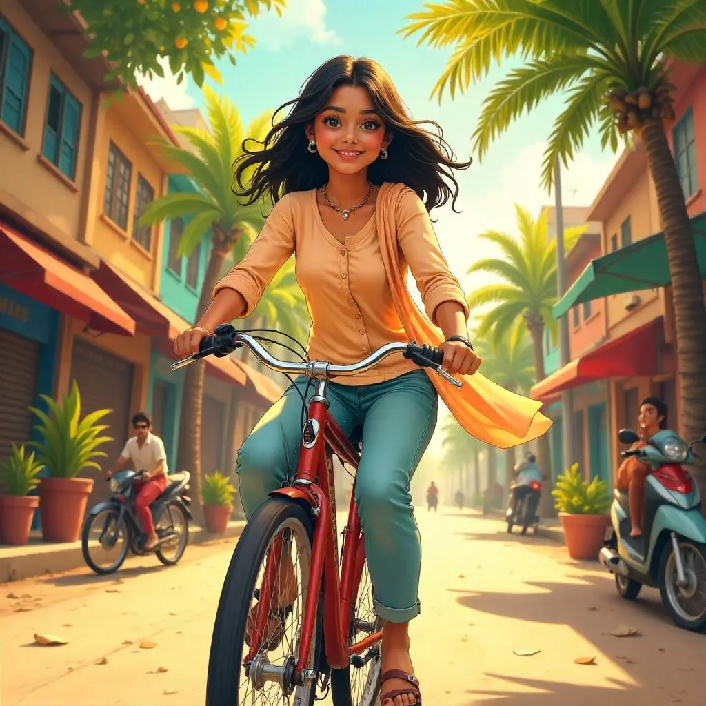 Vibrant Anime-Style Indian Woman on a Bicycle