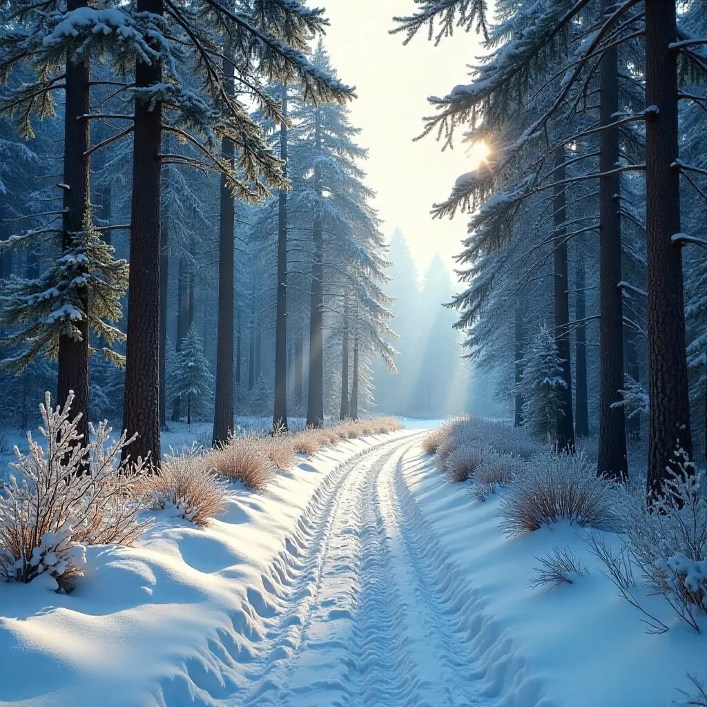 Silent Snowy Forest Path in Early Winter