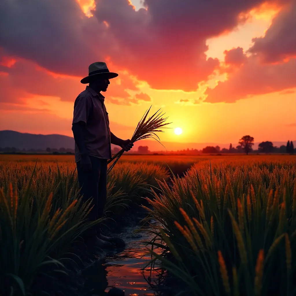 Sunset Silhouette: Farmer with Sickle and Rice