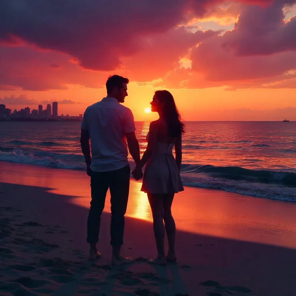 Romantic Beach Silhouette at Sunset and City Skyline