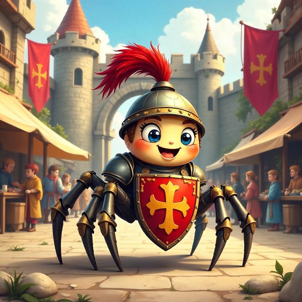 Medieval Cartoon Spider in a Castle Courtyard