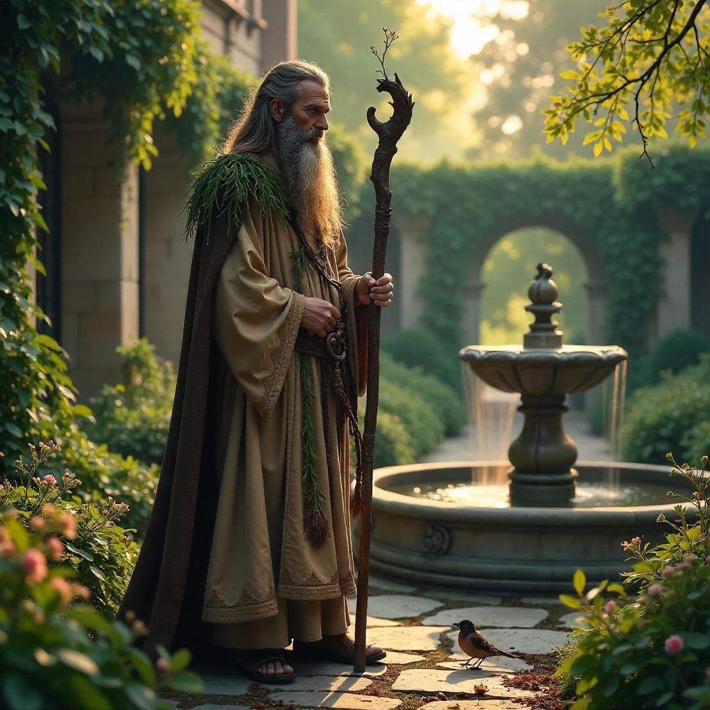 Druid in Photorealistic Castle Garden