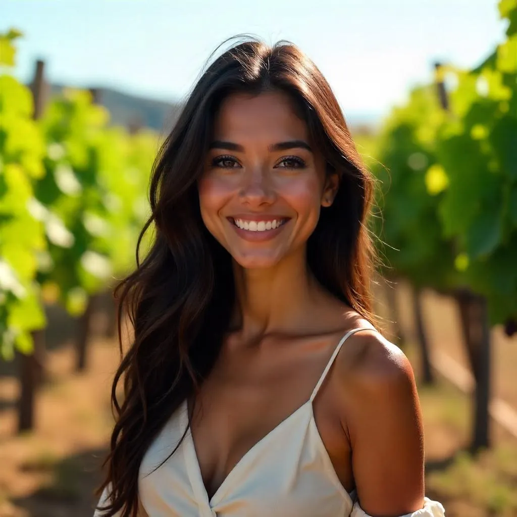 Cheerful Latina in a Sunlit Vineyard